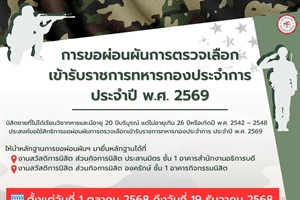การขอผ่อนผันการตรวจเลือกเข้ารับราชการทหารกองประจำการ ประจำปี พ.ศ. 2569 นิสิตชาย ที่ไม่ได้เรียนวิชาทหารและมีอายุ 20 ปีบริบูรณ์ แต่ไม่อายุเกิน 26 ปี หรือเกิดปี พ.ศ. 2542 – 2548