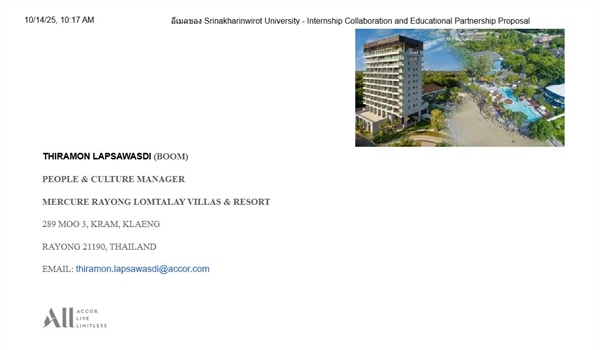 Internship Collaboration and Educational Partnership Proposal to Mercure Rayong Lomtalay Villas & Resort