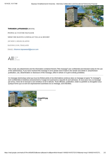 Internship Collaboration and Educational Partnership Proposal to Mercure Rayong Lomtalay Villas & Resort