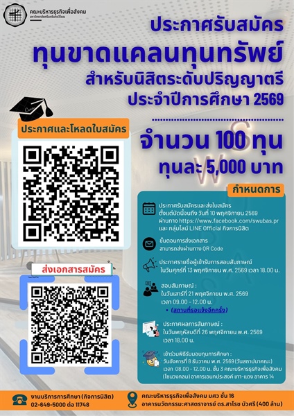 ประกาศรับสมัครนิสิตขอรับทุนการศึกษา ประเภททุนขาดแคลนทุนทรัพย์ ประจำปีการศึกษา 2569