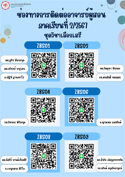 ประชาสัมพันธ์ ช่องทางการติดต่ออาจารย์ผู้สอน ชุดวิชาเลือกเสรี ภาคเรียนที่ 2/2567 คณะบริหารธุรกิจเพื่อสังคม (ZBS)