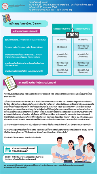 ระชาสัมพันธ์ สถานที่สอบสัมภาษณ์ TCAS รอบที่ 1 แฟ้มสะสมผลงาน (Portfolio) ประจำปีการศึกษา 2568