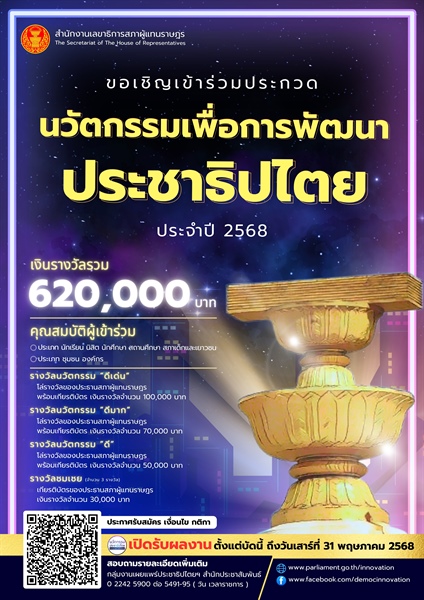 ขอความอนุเคราะห์ประชาสัมพันธ์โครงการประกวดนวัตกรรมประชาธิปไตยเพื่อพัฒนาประชาธิปไตยเชิงคุณภาพ ประจำปี 2568