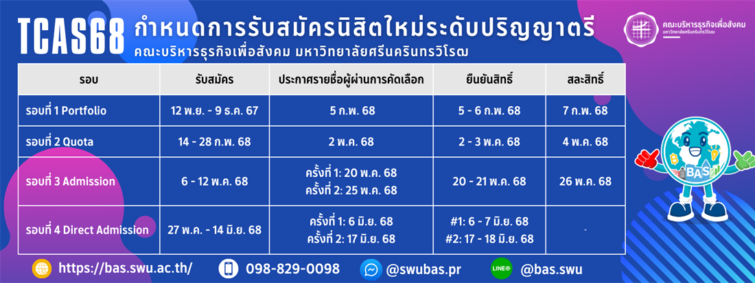 ปฏิทินการคัดเลือกเข้าเป็นนิสิต ประจำปีการศึกษา 2568 (TCAS68)